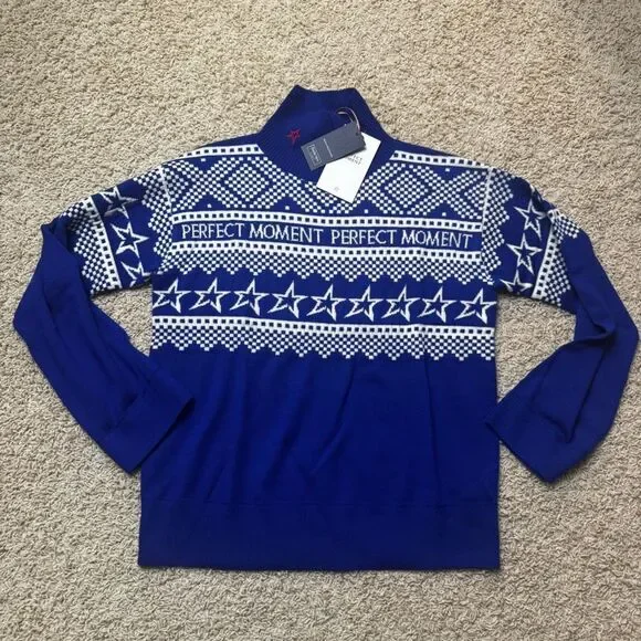 Perfect Moment Intarsia-knit sweater Merino Wool NWT Size Small Blue